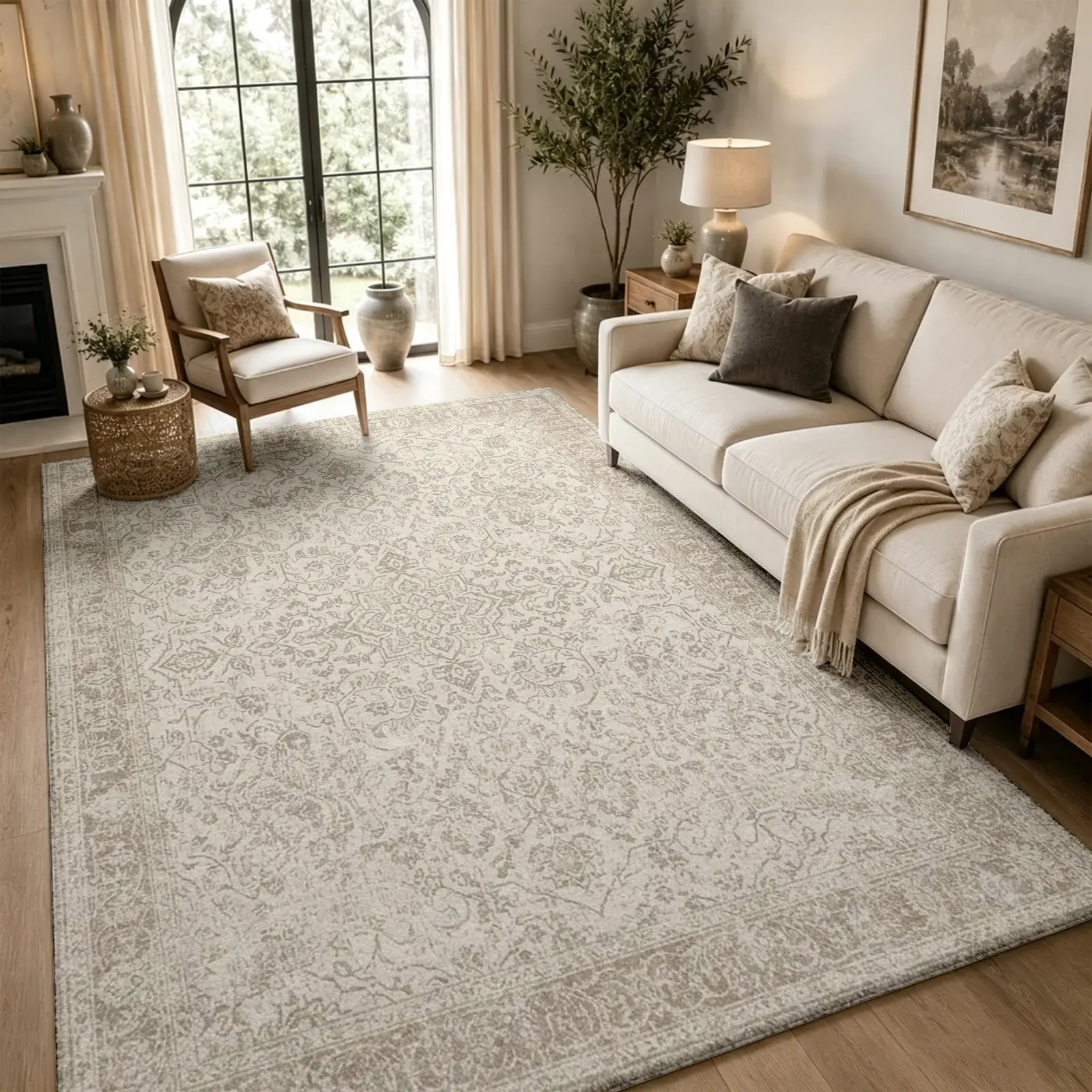 Vintage-Inspired Distressed Persian Area Rug - Beige, Faded Border, Floral, Low Pile, Washable, Non-Slip, Pet-Friendly, Stain-Resistant, Wrinkle-Resistant, Vintage Modern, Indoor Use, 5*7 Ft, 10×14ft（305×427cm）for Living Room, Bedroom