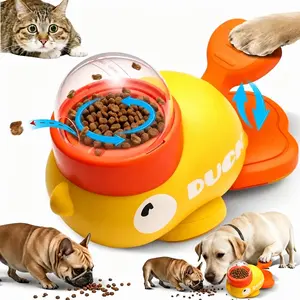 Duck-shaped pet automatic feeder with multi-hole cover and anti-slip base. Suitable for daily dog snacks feeding, puppy intelligence enlightenment, cat entertainment when alone, and eliminating overeating and food waste in pets
