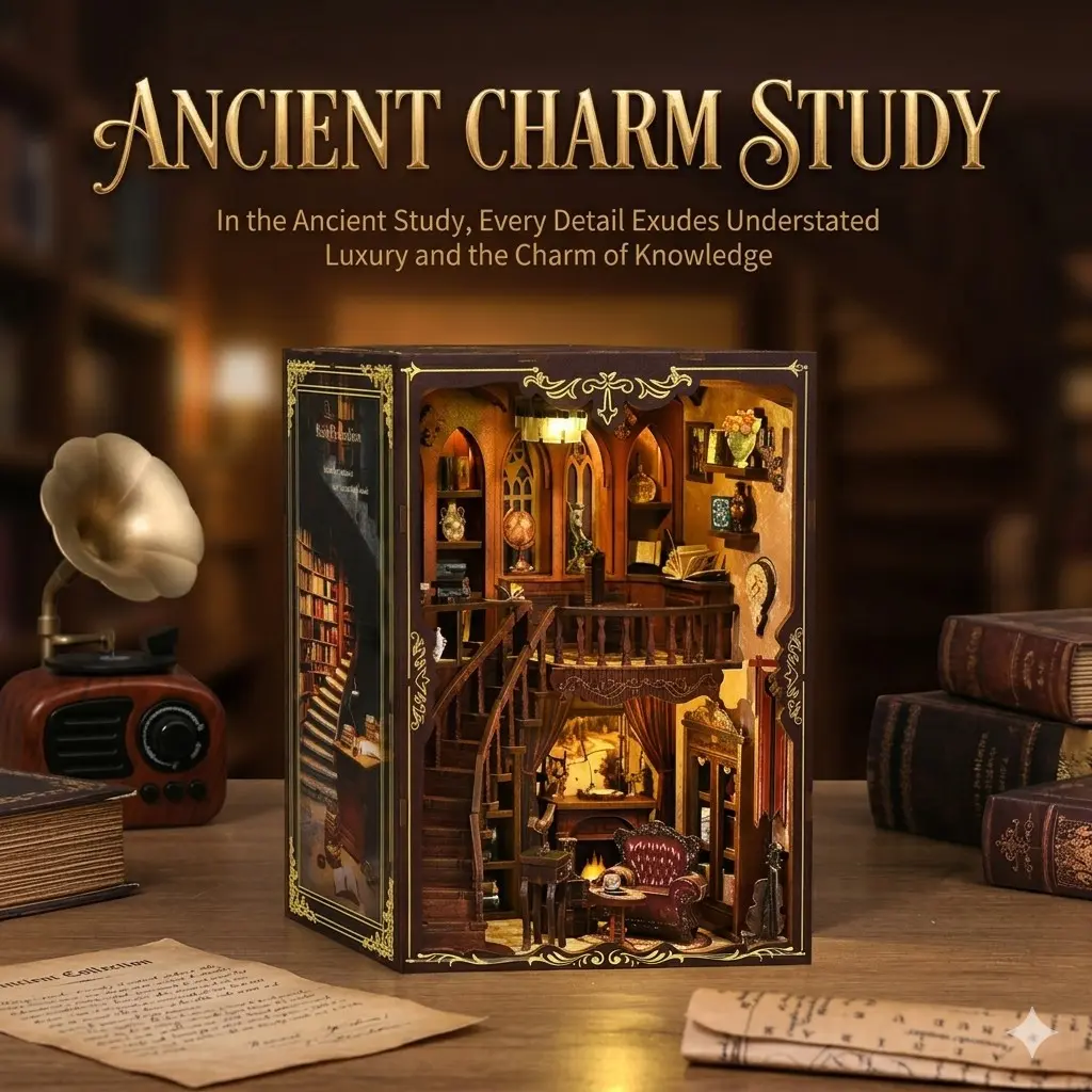 Ancient Study Room Book Nook Miniature Kit - 3D Wooden Bookshelf Diorama with Secret Compartment, Aesthetic Room Decor & Collectible Craft