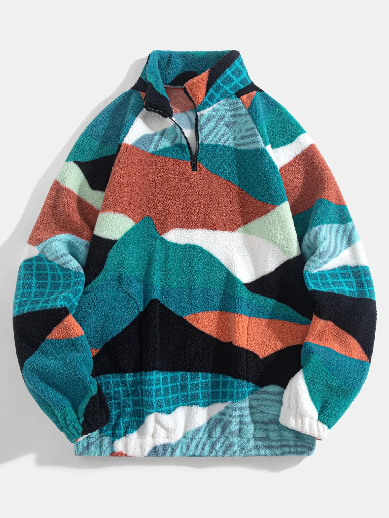 Vintage Abstract Mountain Fluffy Fleece Half Zip Pullover for Men, Multicolor Stand Collar Sweatshirt, Cozy Warm Top for Hiking Lounge