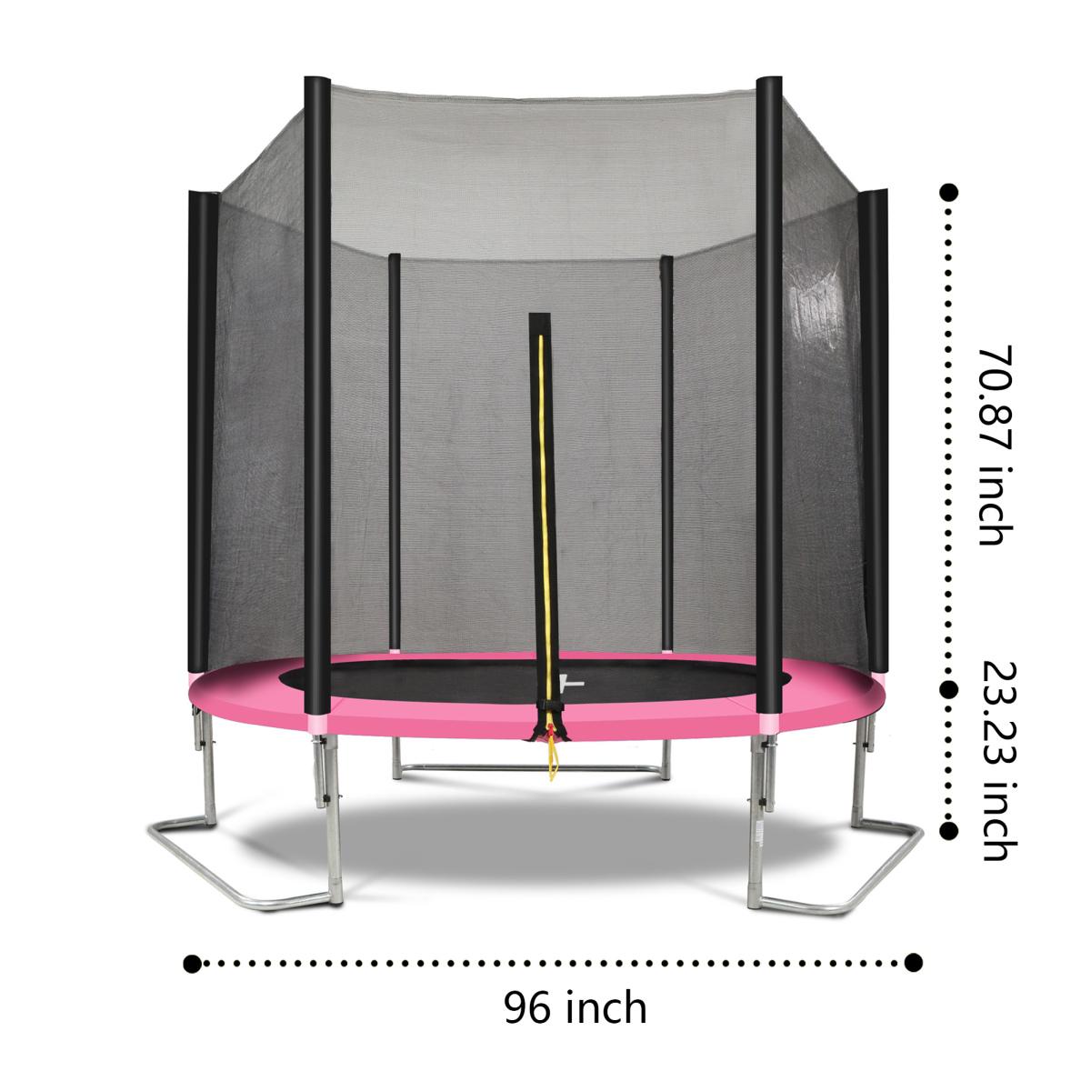 [Fahuac]8FT Trampoline with Pink & Black Outer Net – Heavy Duty Galvanized Steel Frame, 4 L-Shaped Legs for Stability, Weather-Proof Mat, ASTM & CPC Certified for Backyard Fun