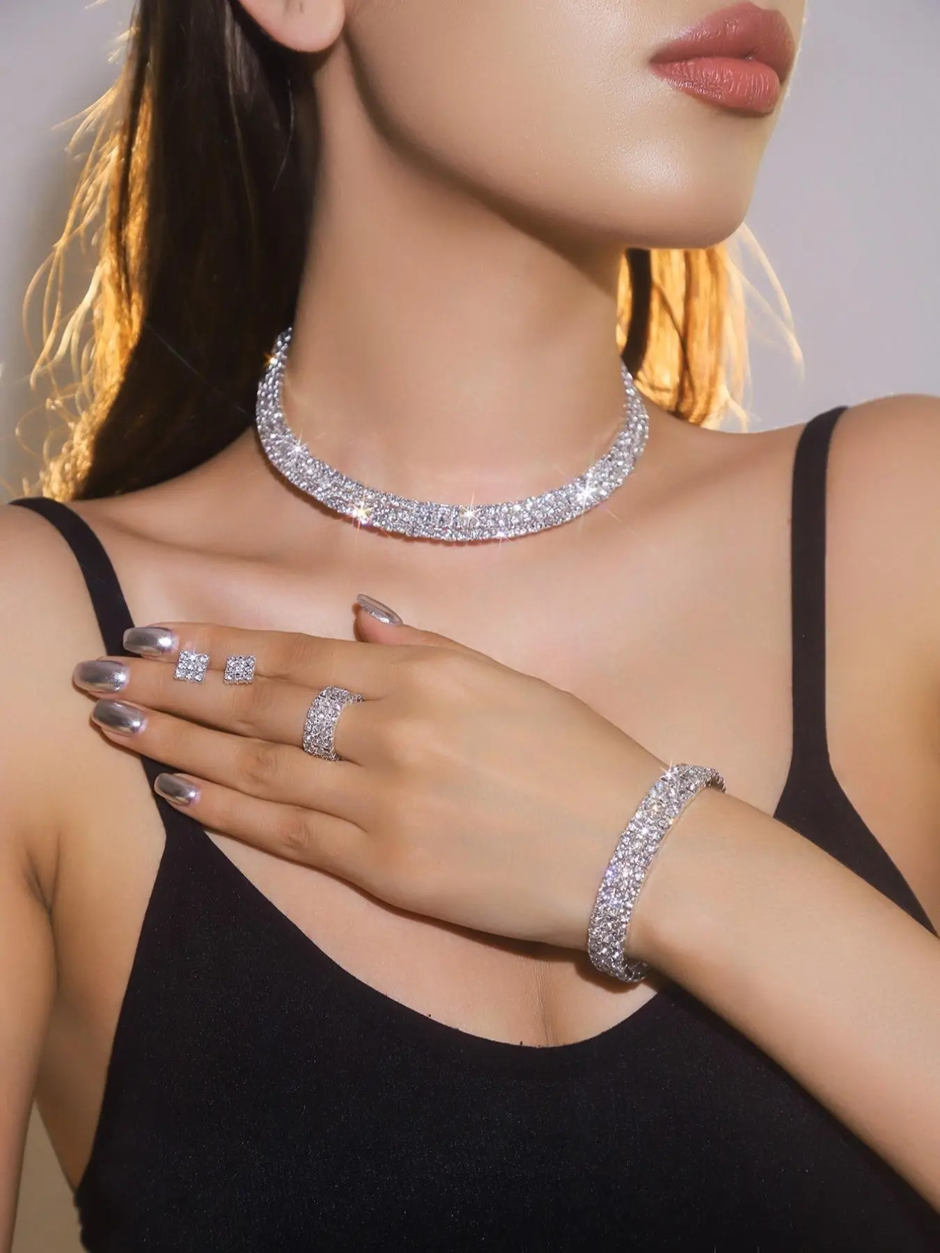 5 Sparkling and Gorgeous Bridal Wedding Jewelry Set, Multi Drainage Diamond Necklace, Earnail Bracelet, Ring Combination Set, Wedding Party Banquet Wedding Dress, Evening Dress Accessories Set