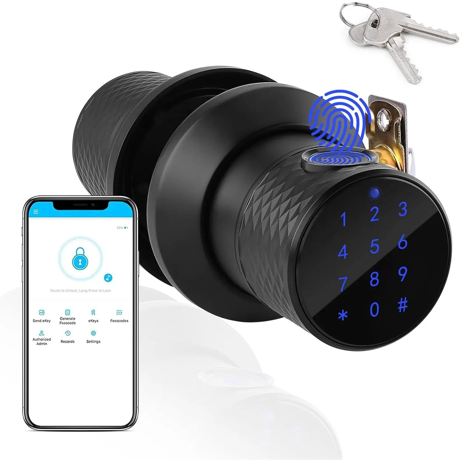 Fingerprint Door Knob,   Fingerprint Lock with Tuya App Control,255 Users,Password Management, Anti-Slip Handle Door Knob for Bedroom,,Hotel,Office