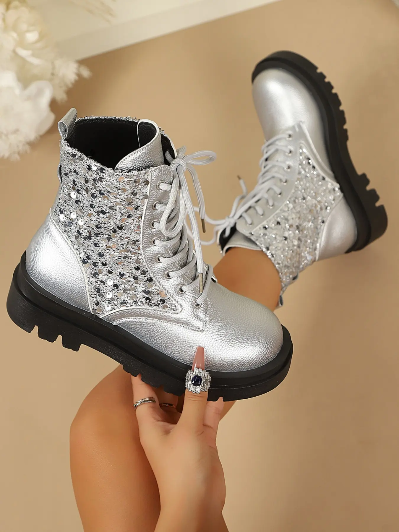 Chic Plaid Patchwork Silver Color Boots, Soft Leather Thick Sole, Comfortable Short Boots for Commuting, Shopping, Dating