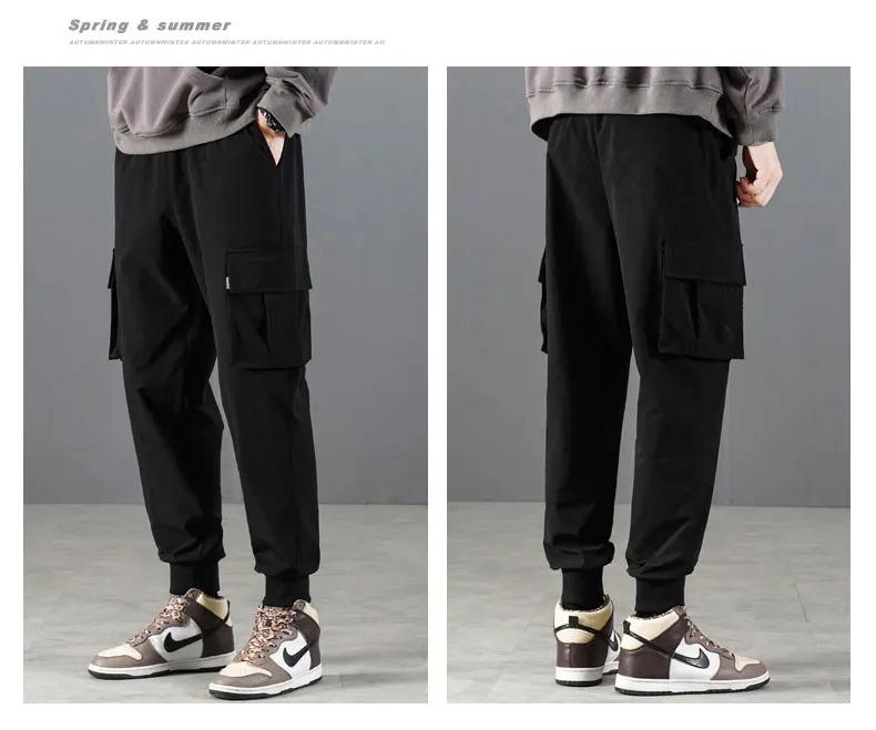 Casual work pants men's spring and autumn Japanese style Hong Kong style straight leg men's pants with multiple pockets, trendy black men's fashion brand ins loose paratrooper casual pants, thick American logging ankle pants