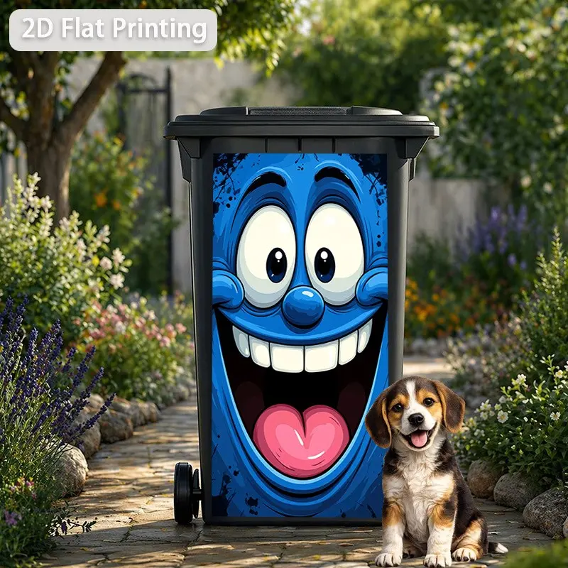 2D Flat Printing Trash Can Sticker, 37x82cm Blue Face Laughing Design, Self-Adhesive Wall Decal for Kitchen, Home Decor, Decoration Sticker, Decorative Stickers