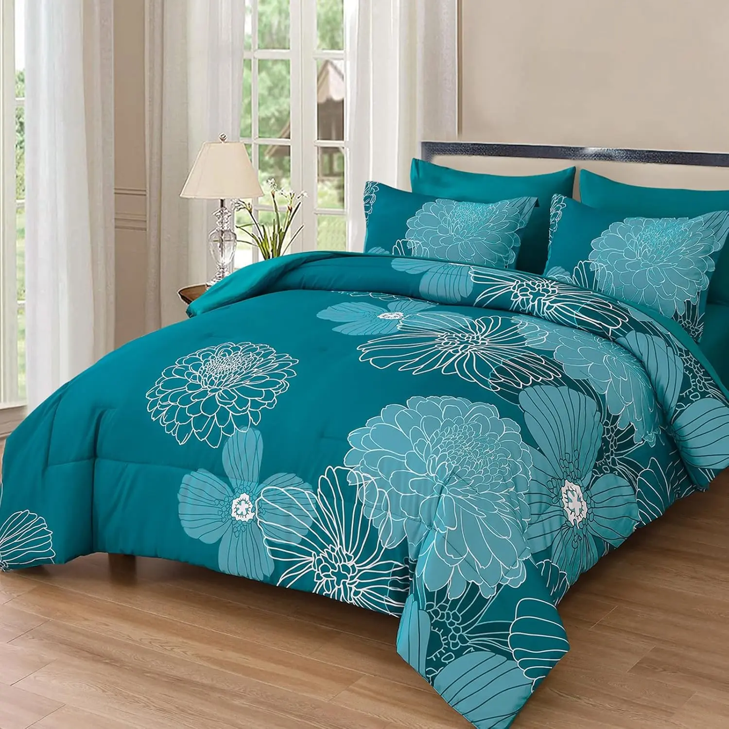 7-Pieces California King Comforter Set, Teal Elegant Floral Print Boho Bed-in-a-Bag Bedding Set, Soft Breathable Microfiber with Flat Sheet, Fitted Sheet, Pillowshams, Pillowcases, Machine Washable