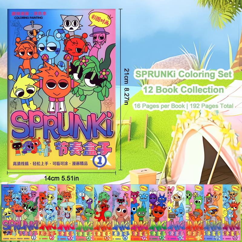 12 Book Coloring Set, Coloring Book Box, Sprunki Theme for Creativity and Focus, Perfect Christmas and Birthday Gift, Portable Art Supplies for All Ages