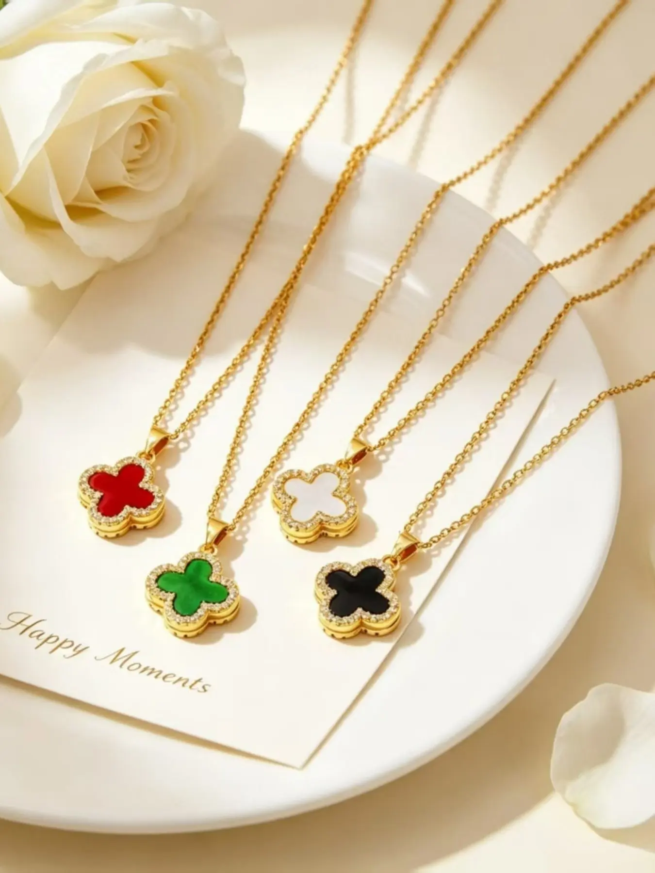 Double Layer Clover Pendant with Zircon, Colorful Enamel, Four Colors, Chain, Lucky Symbol, Perfect Gift for Valentine's Day, New Year, Birthday