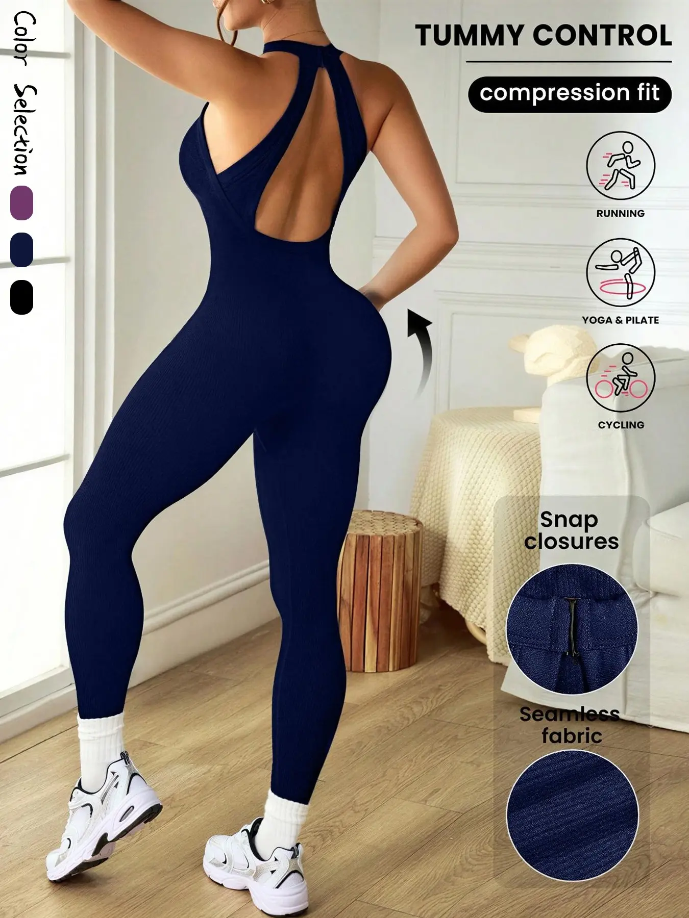 Women's Seamless Ribbed Sports Jumpsuit, Halter Backless Yoga Jumpsuit, Halter Sporty Jumpsuit, Fitness Tight Training Jumpsuit, Gym, Casual, Home, Running