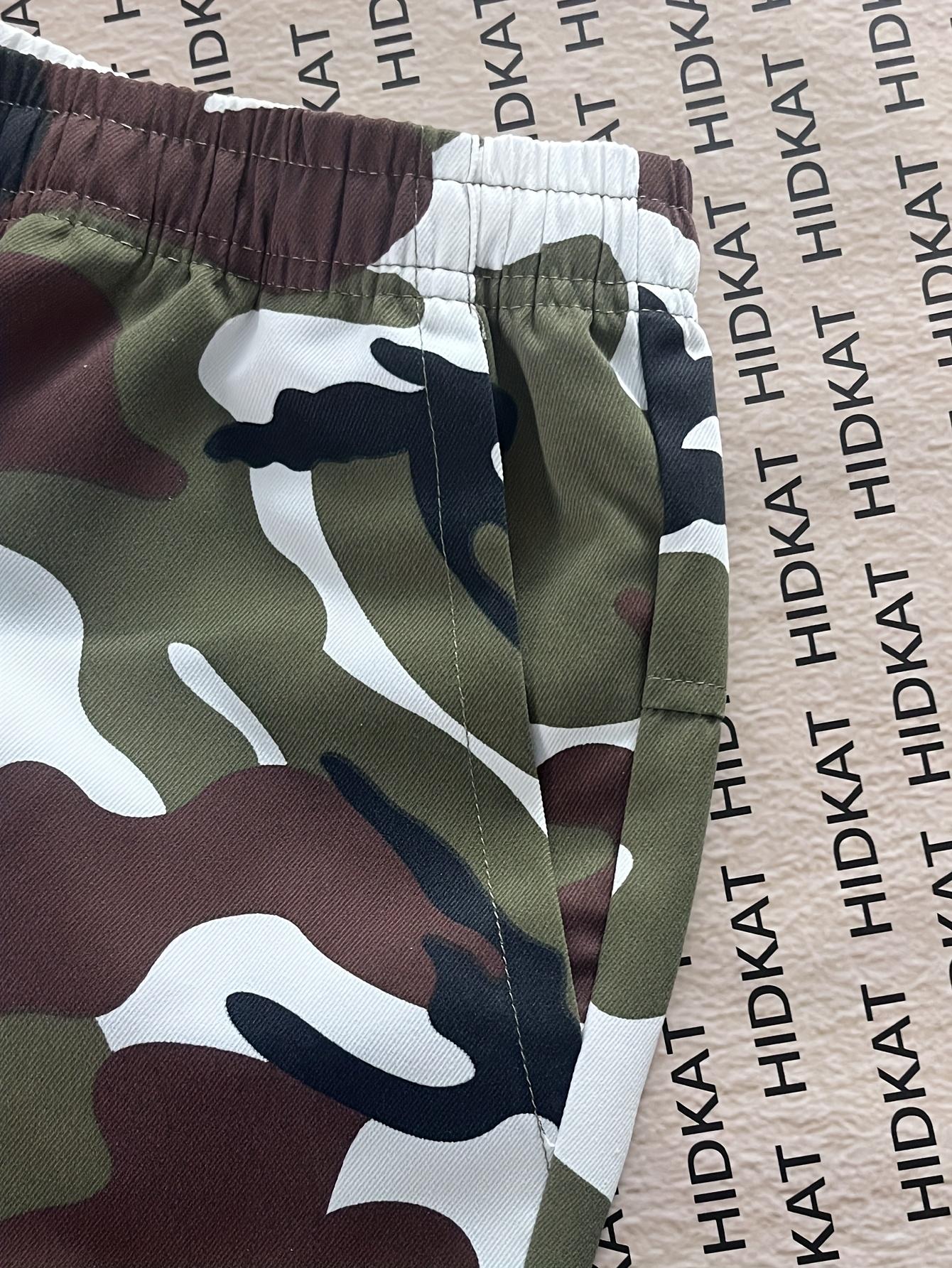 Men's Summer Camouflage Cargo Shorts - Elastic Drawstring Waist & Multiple Pockets, Durable Non-Stretch Regular Fit for Casual/Outdoor Wear