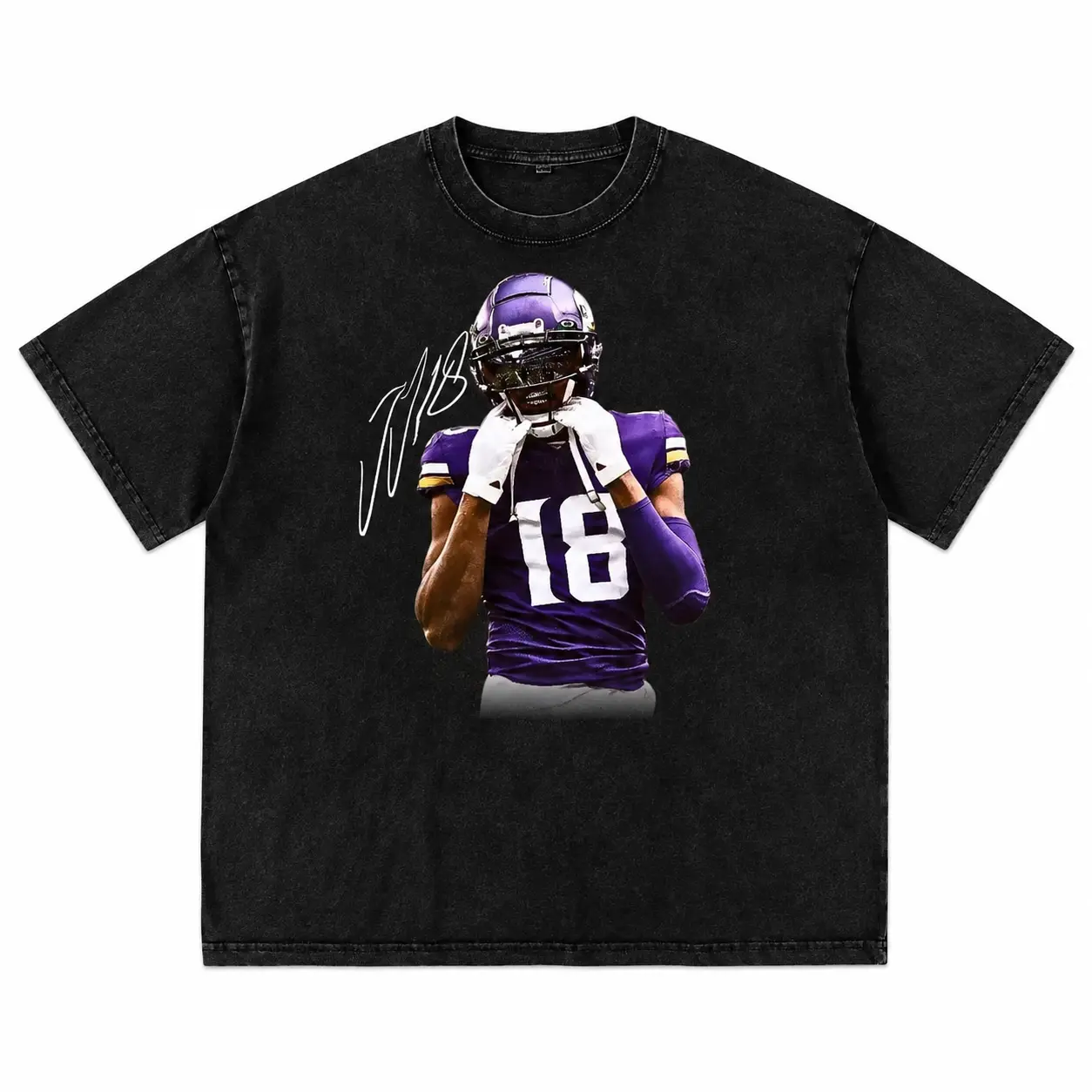Football Player Portrait Printed Tee, Black Vintage Washed Casual T-Shirt, Gift For Men Women Football Fans