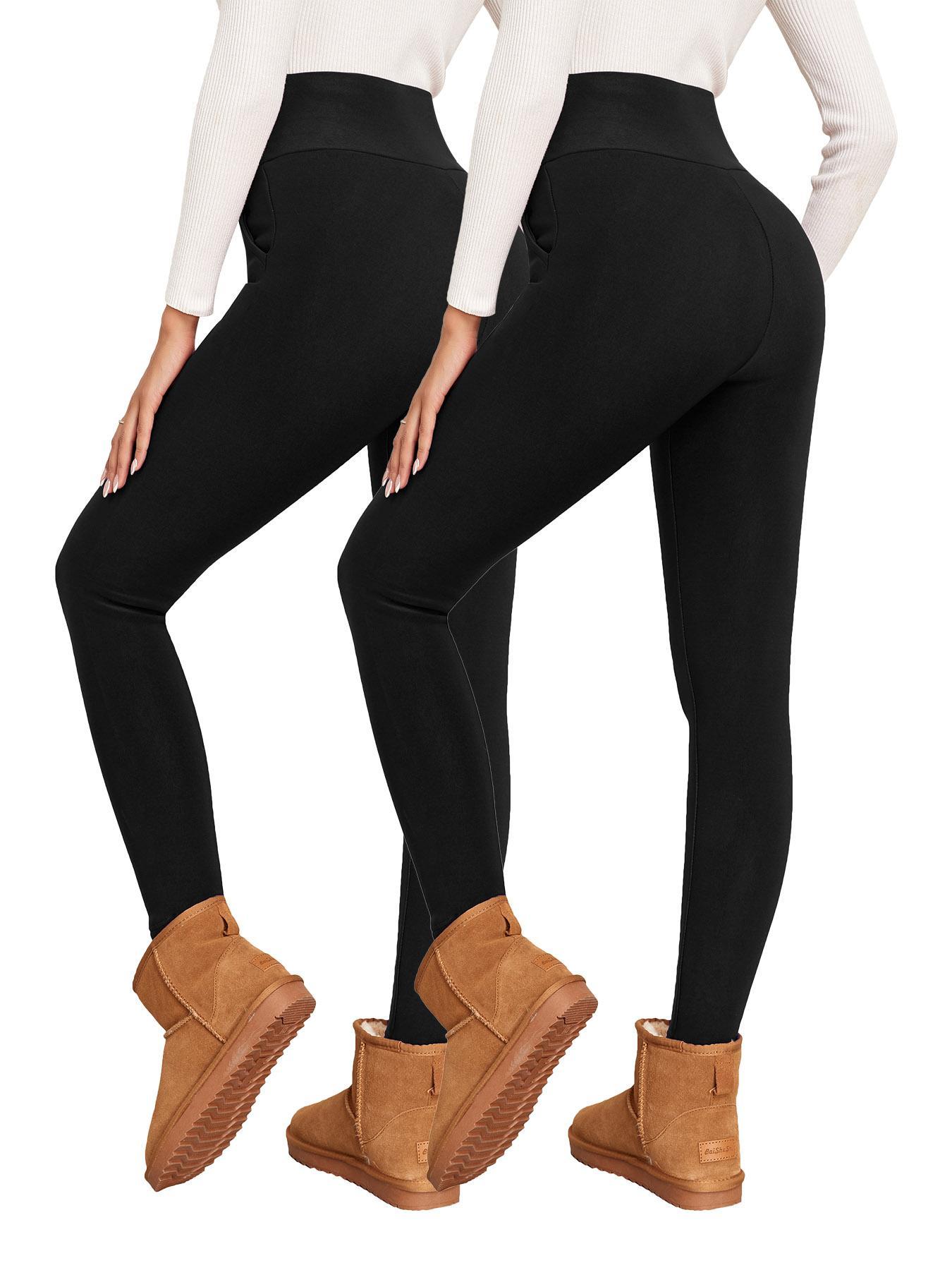Women's Plain Basic Minimalist Pocket High Waist Thermal Lined Leggings, Casual Comfy Warm Skinny Pants for Everyday Wear, Ladies Bottoms for Winter Womenswear
