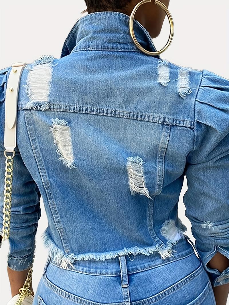 Women's Distressed Denim Jacket - Casual Black Cropped Jean Coat with Raw Hem & Puff Sleeves, Button- Style for Spring/Fall