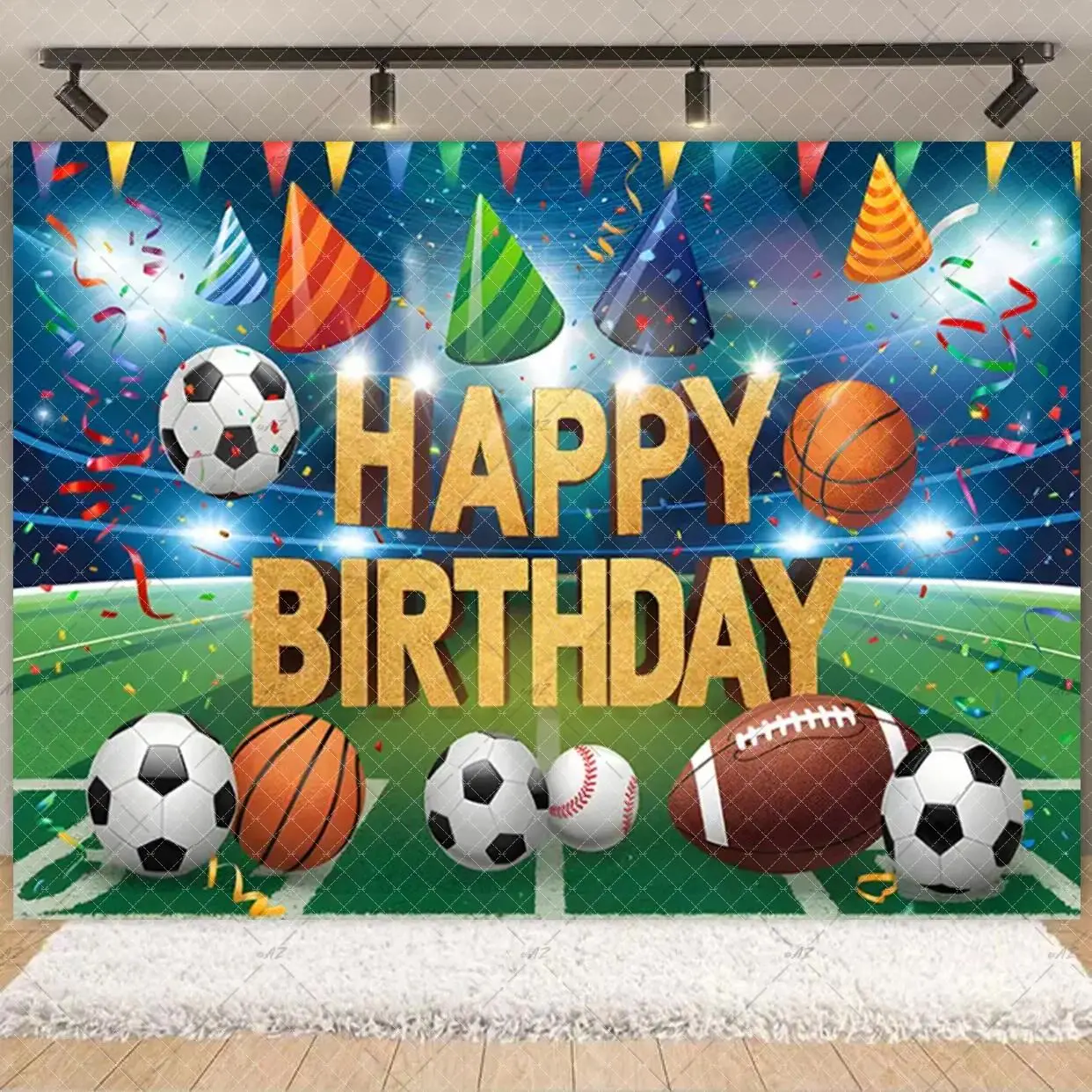 Soccer Birthday Backdrop Tapestry Wall Hanging, Classic Synthetic Polyester Football Stadium Prints Decoration, Geometric Home Decor for Kids Party, Photography Background - Room Accessory, Studio Prop Banner