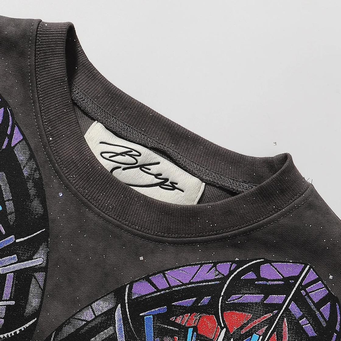 Sparkling Rhinestone Crew Neck T-Shirt, Unisex Loose Cotton Summer Tee, Plus Size, Bling Character Print, Washed Gray Full Diamond Cropped Top for Men Women