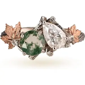 Women's 925 Sterling Silver Green Moss Agate Ring Vine Leaf Design for Engagement Wedding