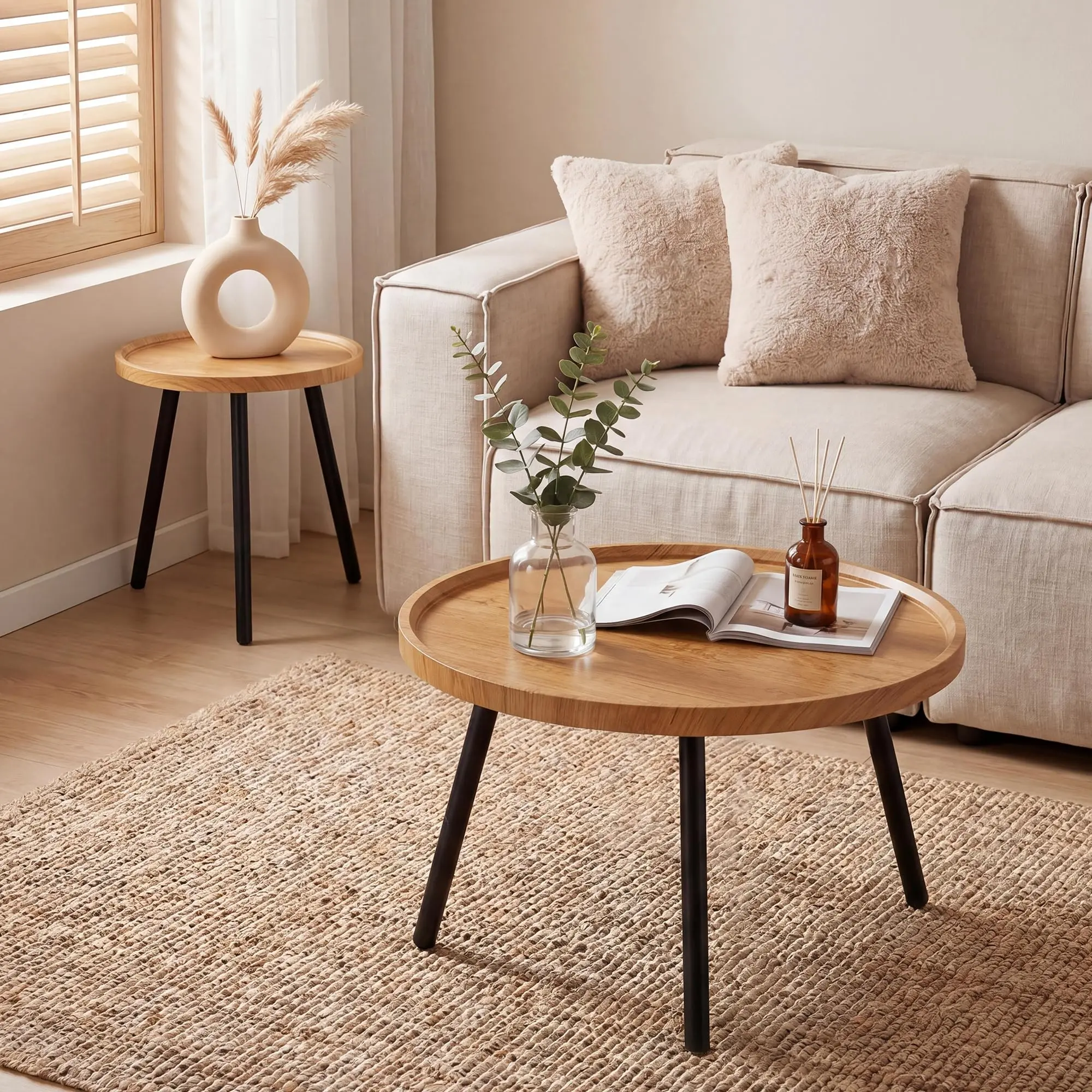 Gaomon 2-Piece Round Wood-Metal Nesting Stack Coffee Table Set, Accent Pieces for Living Room Coffee Table Decor, Apartment Use