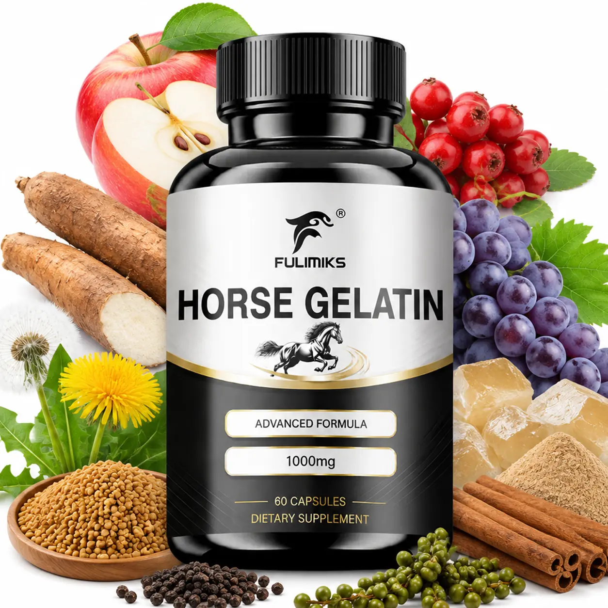 Hydrolyzed Horse Gelatin 1000mg PER SERVING Capsules - Men's Gelatin Complex with L-Lysine HCI,  Apple Cider Vinegar Powder, Daily Capsule Formula, Amino Acid Nutrition, Botanical Blend, Everyday Routine