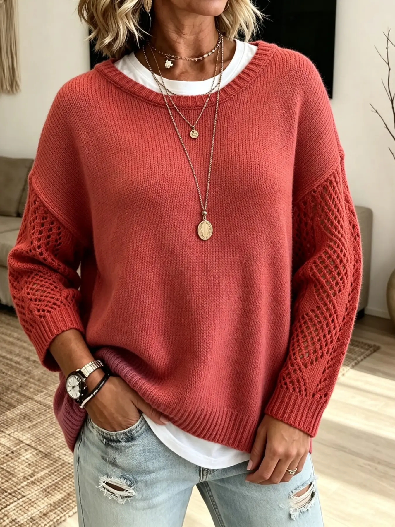 Plus Size Women's Solid Color Round Neck Long Sleeve Knit Sweater, Loose Fit Drop Shoulder, Hollow Out Crochet Texture, Pullover Style