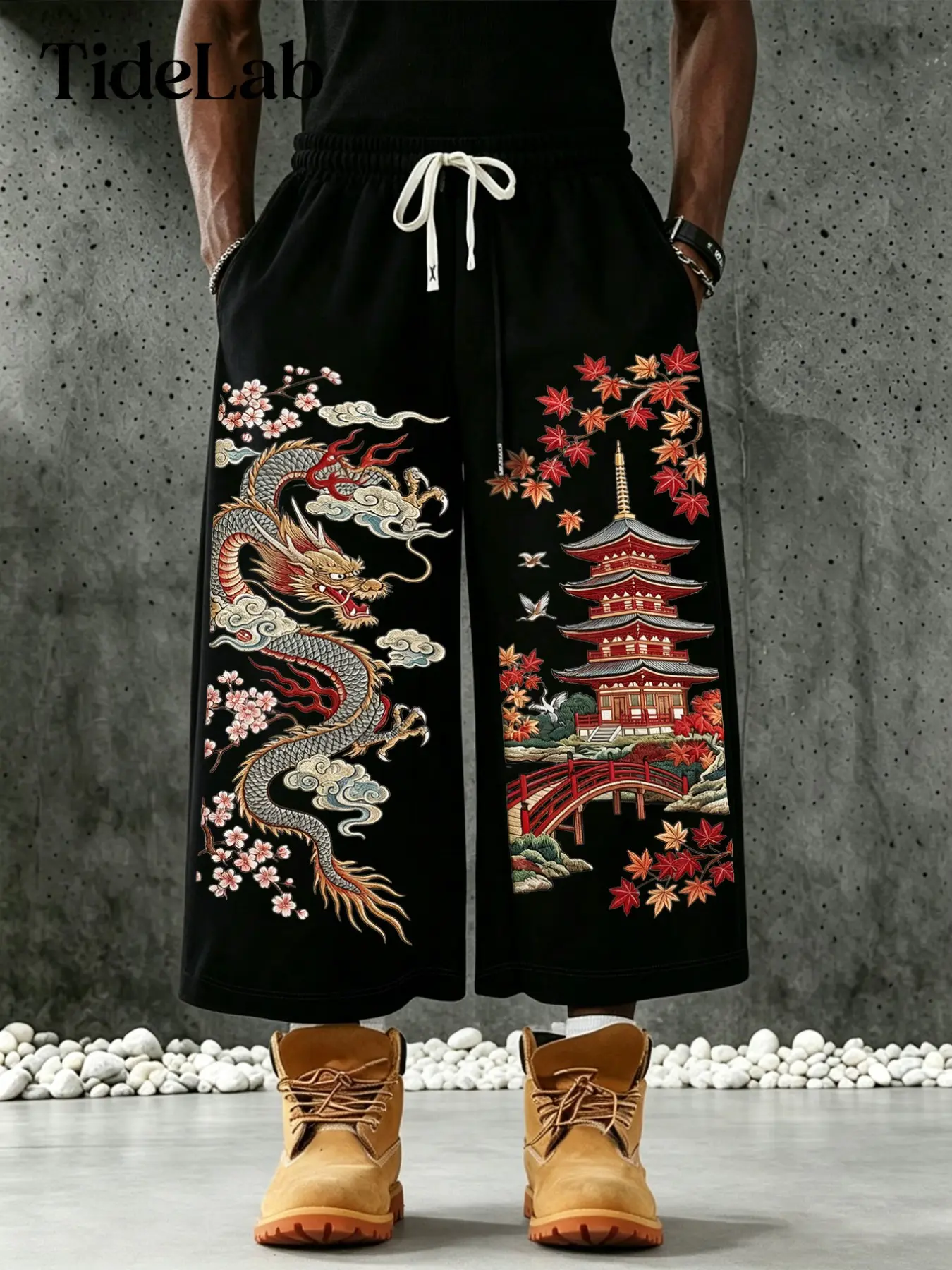 Unisex Dragon Print Seven-Eleven Pants, Japanese Style Maple Leaf Design, Loose Fit, Casual Wear, Comfortable and Stylish