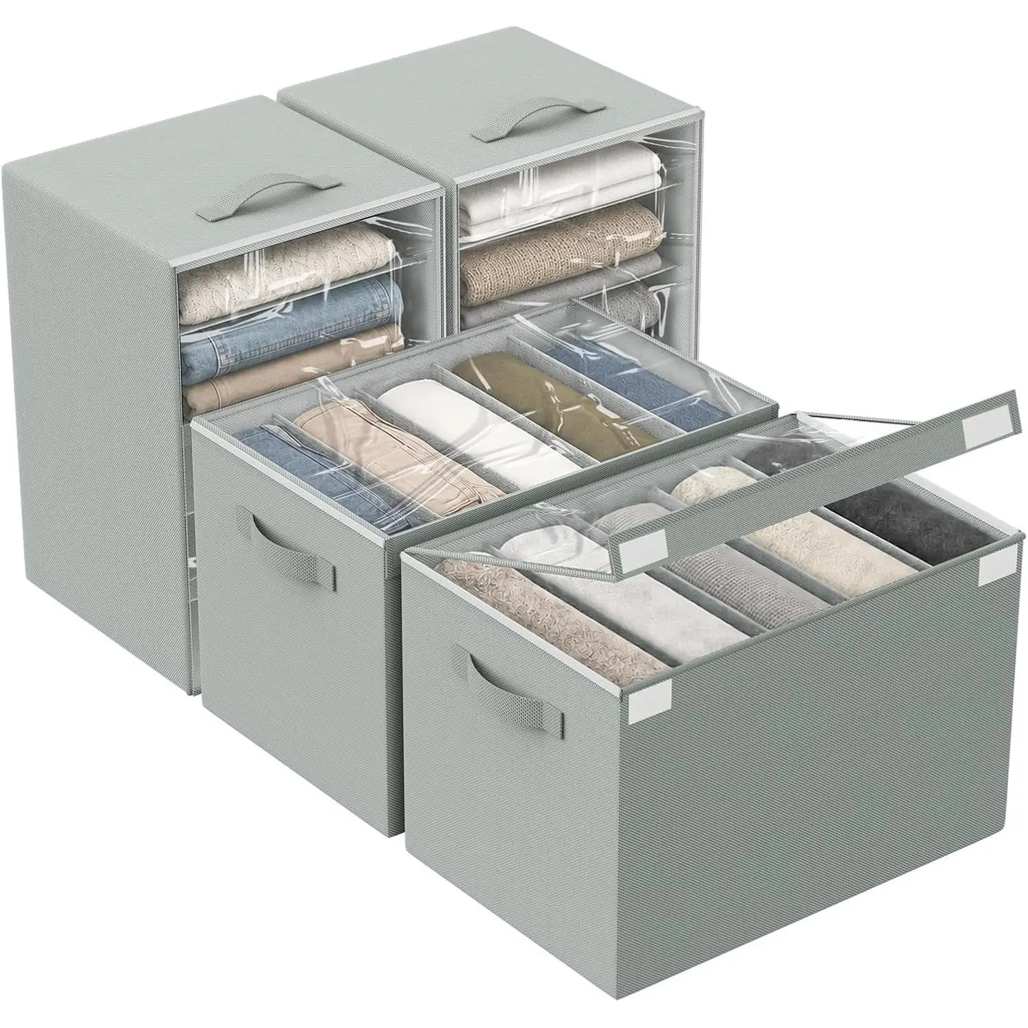 4 Pack Grey Clothes Organizers for Storage, 5 Divided Wardrobe Closet Box