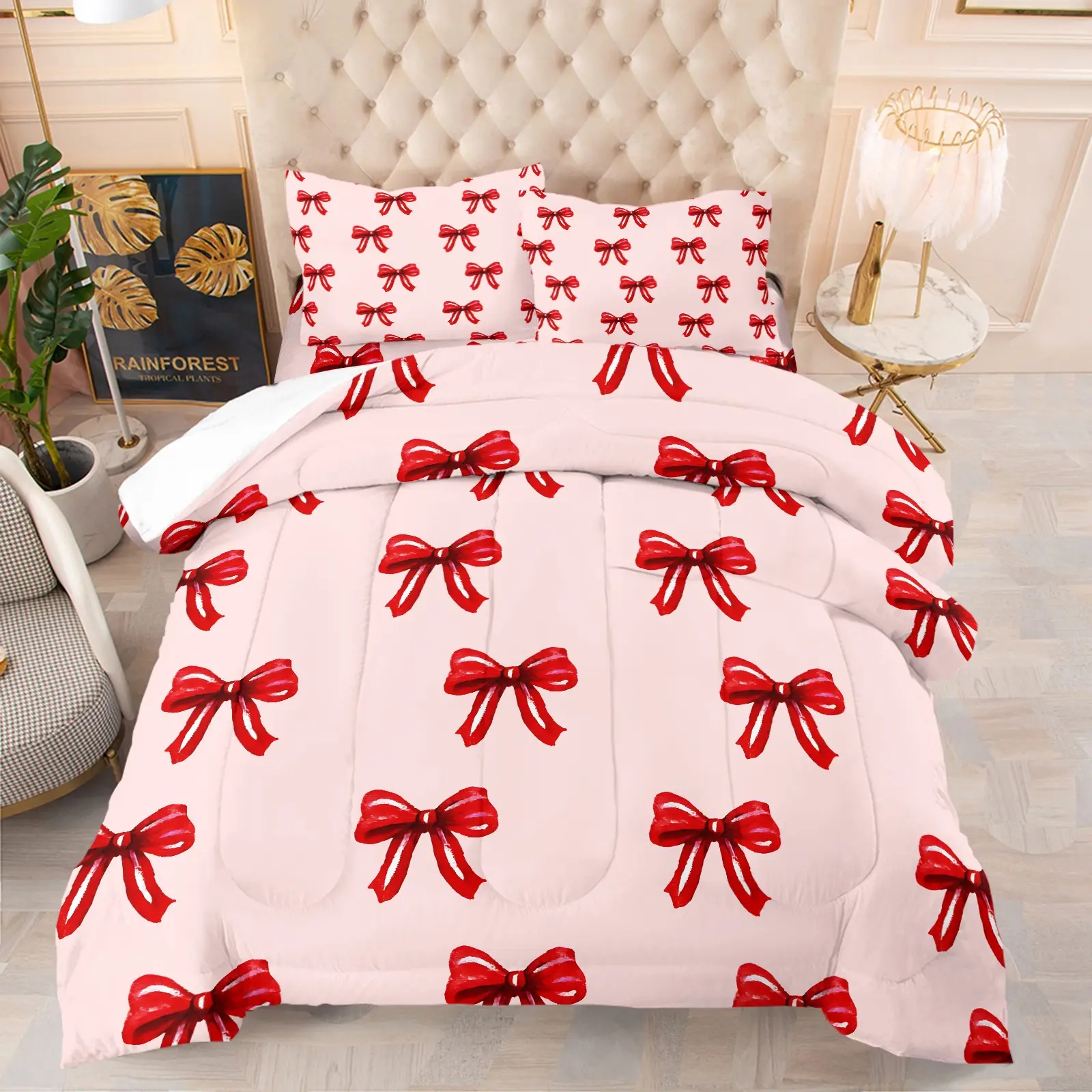 All Over Bright Red Bow Quilted Comforter Set & 1-2 Coreless Pillowcases, Soft Warm Fluffy And Easy Care Comforter Insert, Romantic Macaron Style Bedding For Coquettish Girls, Home Decor & Gift For Bedroom, Dorm, Apartment, Girls And Nursery Room