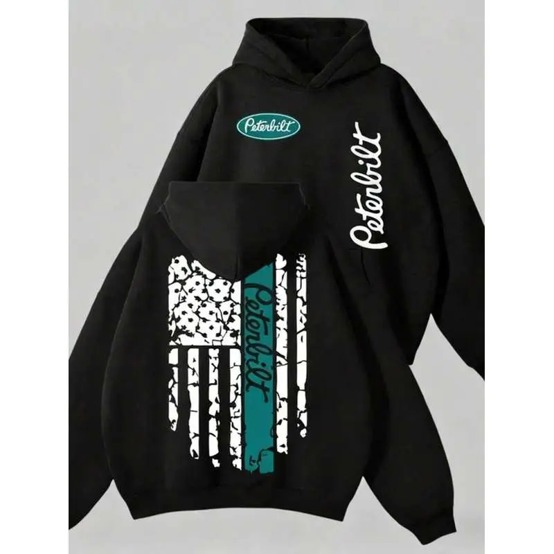 Peterbilt American Flag Hoodie - Reversible Distressed Flag Pattern, Blue Striped Half-Truck Hoodie, Truck Driver Lifestyle Hoodie, Vintage American T