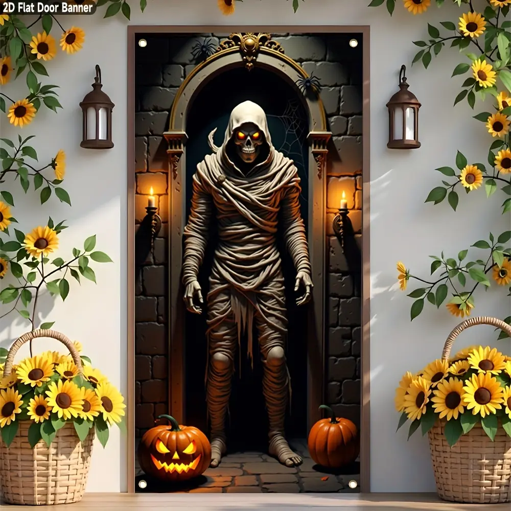 2D Ghostly Door Flag for Halloween - Mummy Door Flag with Glowing Eyes and Pumpkins - 2D Polyester Decoration, No Electricity Required, Perfect for Home Use
