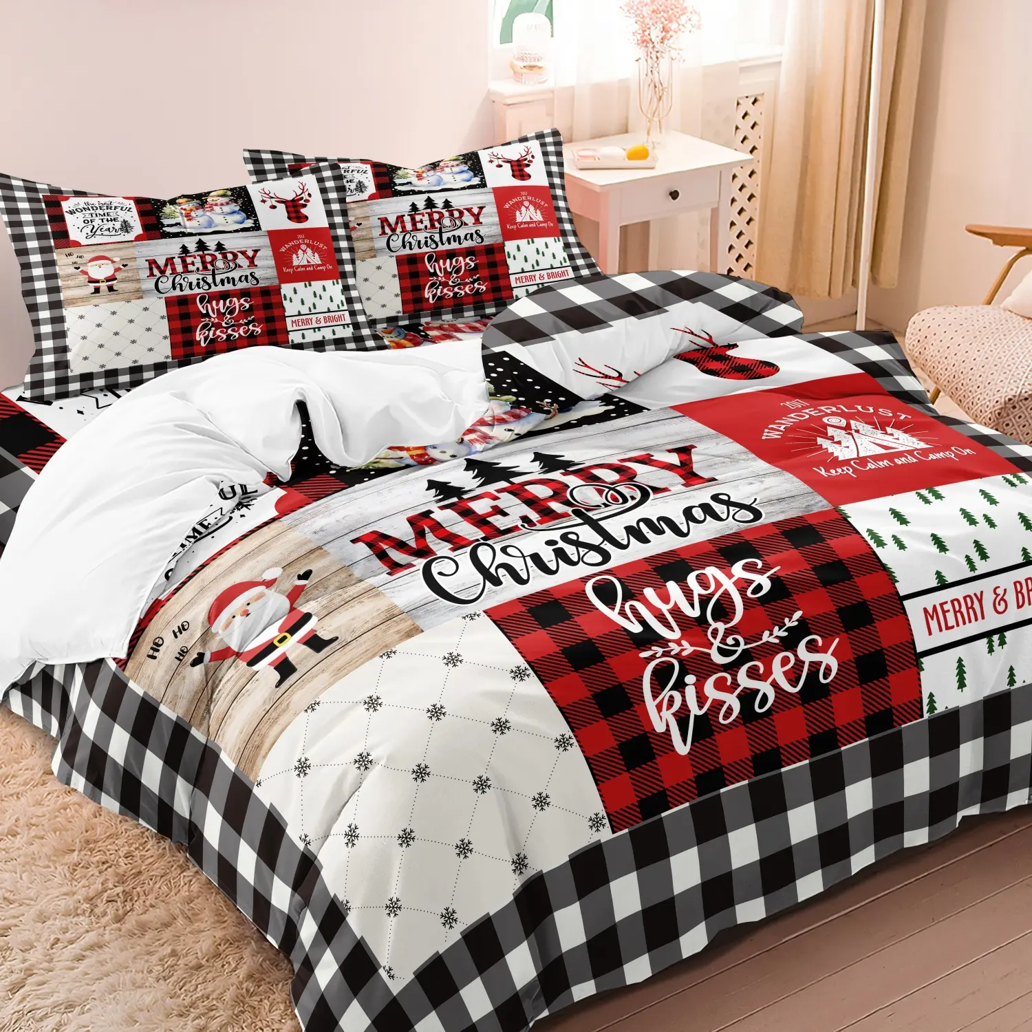 3pcs Christmas Theme Print Duvet Cover Set - Vibrant Plaid Print Bedding, Ultra-Soft And Comfortable Material. Includes 1Duvet Cover And 2 Pillowcase -Perfect for Bedroom Or Guestroom Decoration, Without Duvet Insert, for Holiday Season
