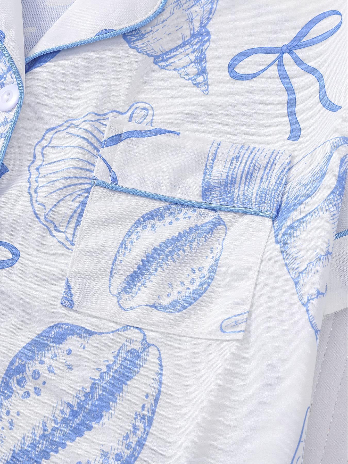 Women's All Over Print Button Front Top & Elastic Waist Shorts Pyjama Two-piece Set, Casual Comfy Short Sleeve Top & Shorts Pj Set, Ladies Sleepwear & Loungewear for All Seasons