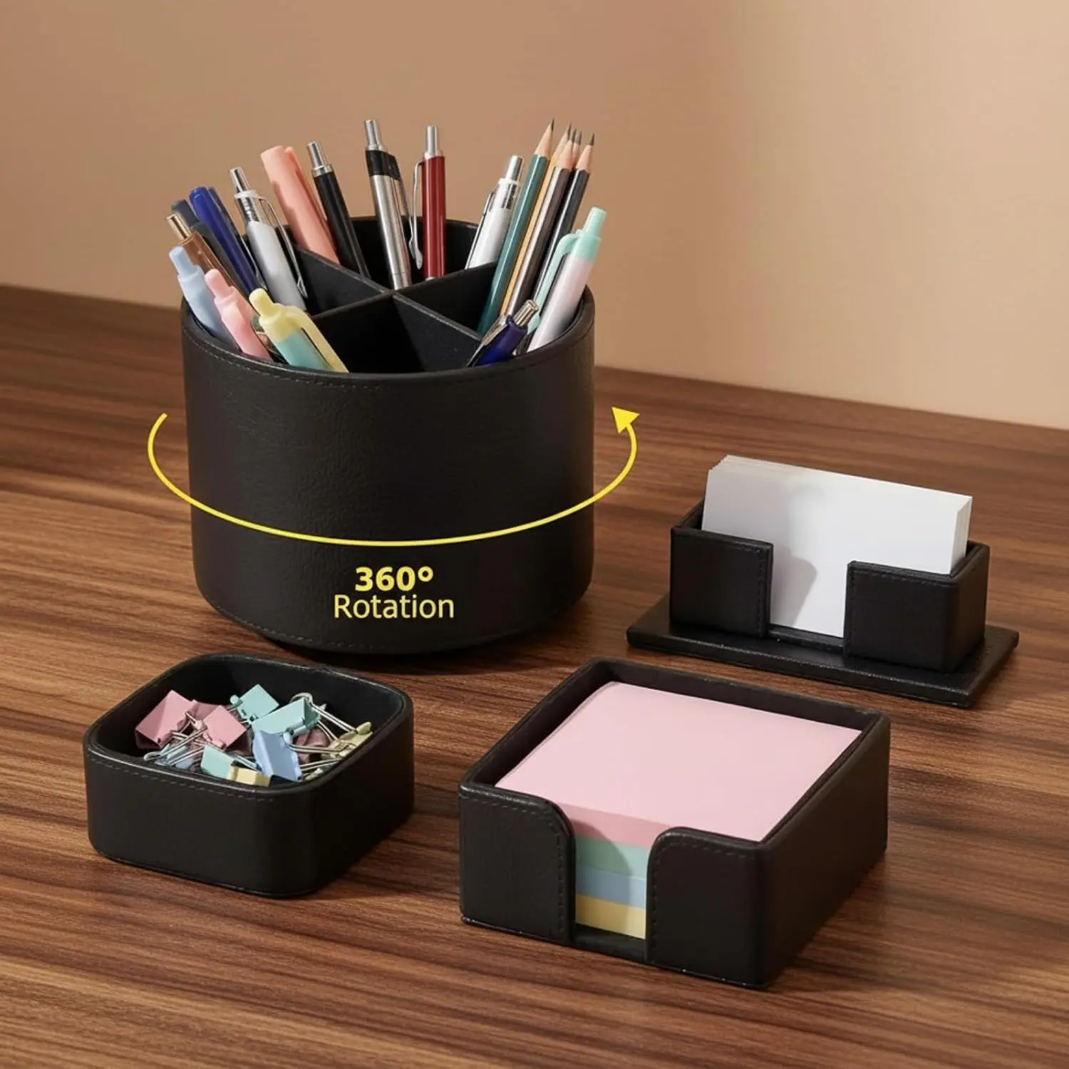 4 count Rotating Leather Pen Holder Desk Organizer Set, Black | 360  Rotation, Business Card Slot, Sticky Note Pad Storage, Paperclip Tray, for Office Teacher  to School
