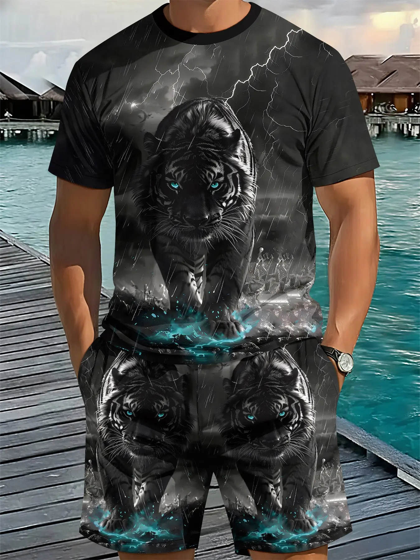 Men's Animal Print Short Sleeve Set, Wolf Tiger Lion Digital Print, Casual Sporty Two-Piece, Loose-Fitting, No Zipper, with Collar