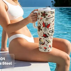 1pc Stranger Things Hellfire Club 40oz Tumbler With Handle Lid Straw, Vintage Tattoo Style Demogorgon DND Weapon Collage Insulated Stainless Steel Travel Cup, Leakproof Coffee Mug Gift For Horror TV Show Fans Car Office Daily Use