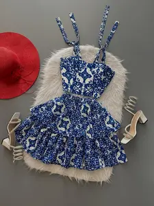 Women's French Chic Style Sleeveless Tie Front Crop Tank Top and Vintage Print Beach Vacation Skirt Set, Two-Piece for Summer Holidays