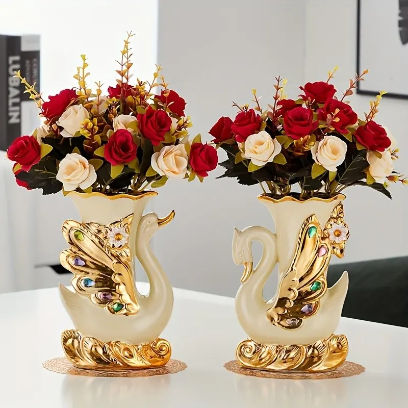 2pcs Elegant European Ornate Swan Vases Suitable for Living Room, Round Camouflage Swan-Shaped Ceramic Flower Holders, Decorative Centerpiece for Home Décor, Wedding, Table Centerpiece, Modern Vase for /Cooked Flowers