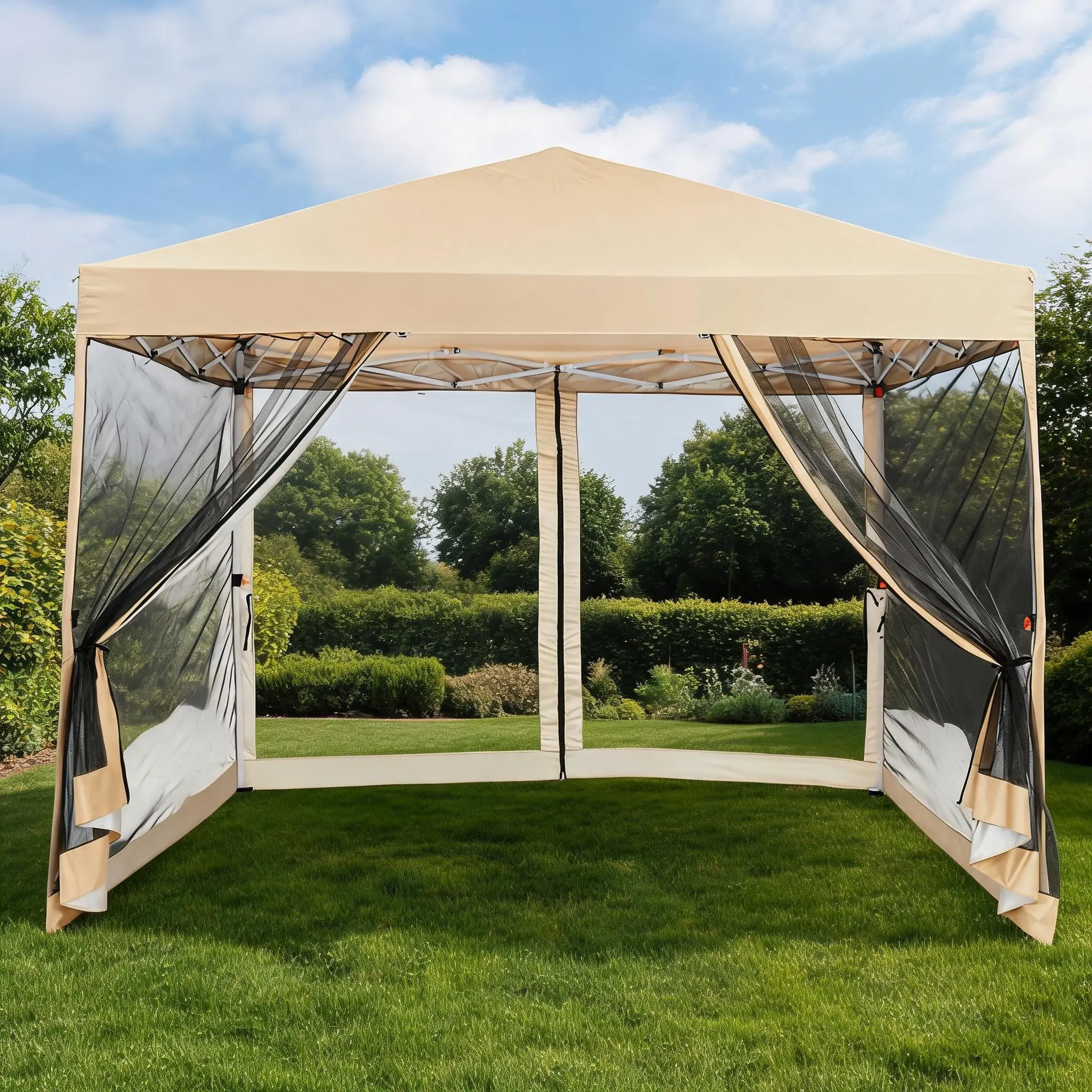 10x10ft One-Push Pop-Up Canopy Tent, Waterproof UV-Blocking Outdoor Gazebo with Detachable Mesh Sidewalls and Wheeled Carry Bag, Portable Sun Shelter for Camping, Backyard, Patio, Picnics and Beach Use