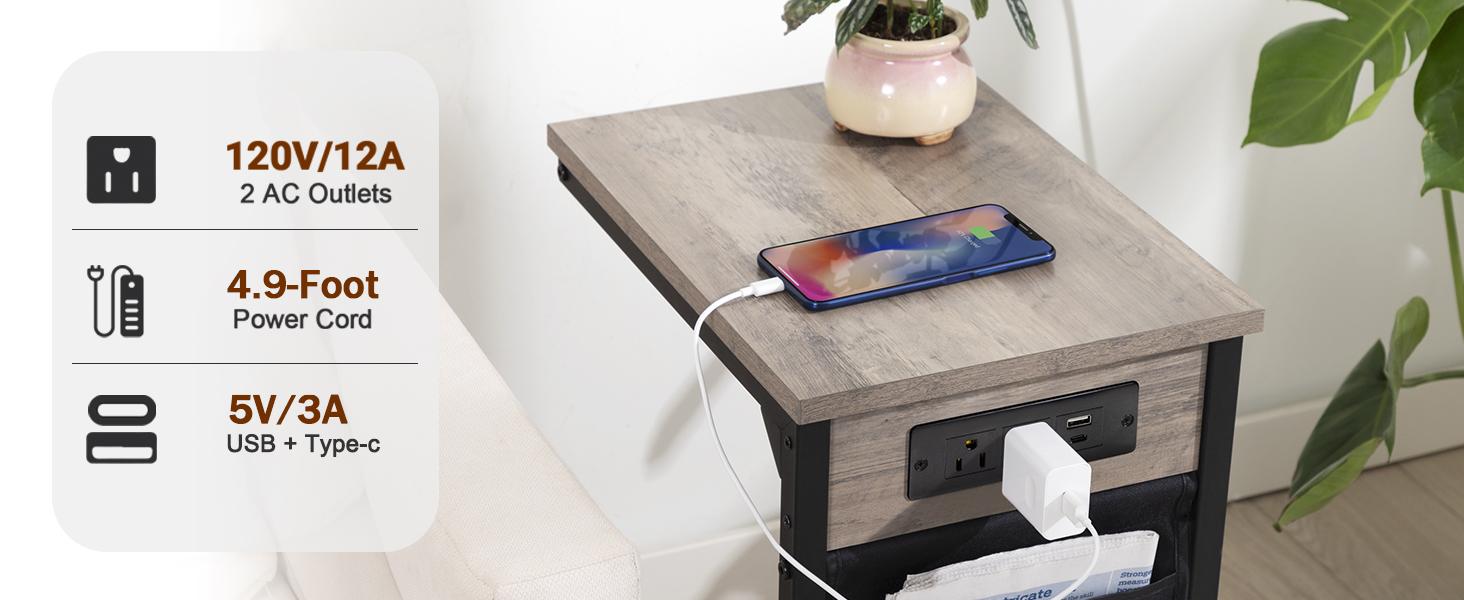 Shaped End Table , TV Tray Set of 2, Couch Tables with Storage Bag, Slide Under Sofa Side Table with USB Ports and Outlets for Living Room, Grey HET04CGY