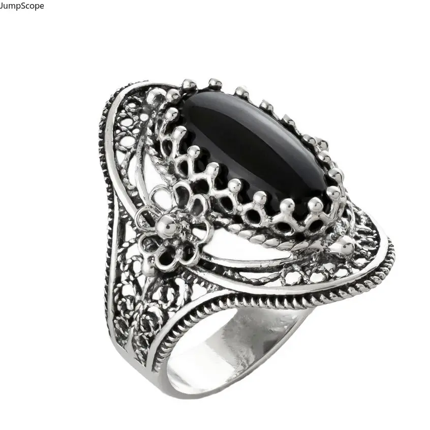 Vintage Black Onyx Statement Ring with Floral Motif, Gothic Oxidized Silver Filigree Wide Band, Women's Cottagecore Jewelry, Women's Fashion, Floral Pattern, Gothic Look, Oxidized Finish