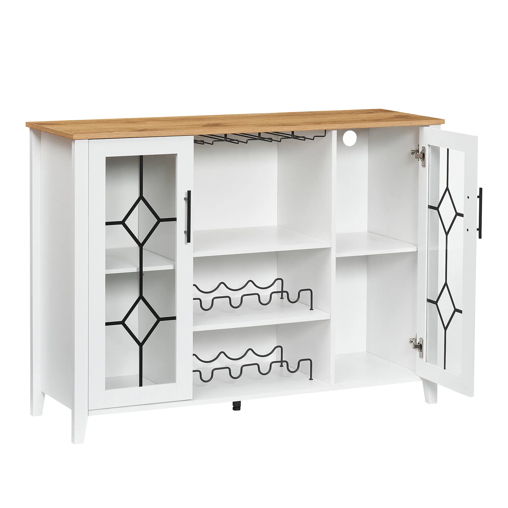 PB Board Wine Bar Cabinet with LED Light, Glass Door Liquor Storage Cabinet with Wine Rack & Stemware Holder, Adjustable Shelves Coffee Bar Sideboard for Living Room, Dining Room
