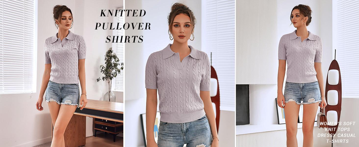 Saodimallsu Women's Cable Short Sleeve Sweaters Tops Solid Lapel V Neck Knit Casual Soft Pullover Shirt