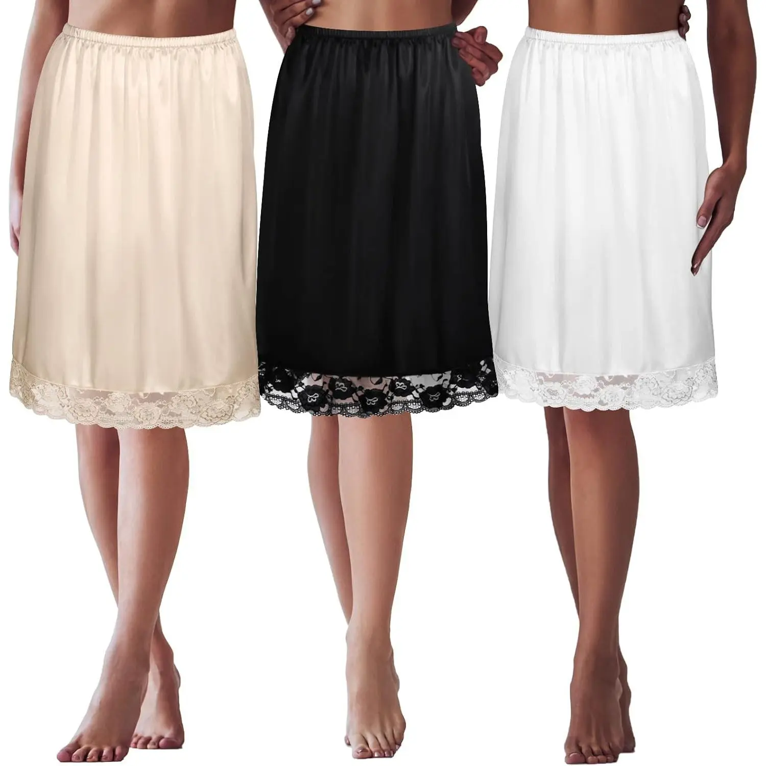 3 Pieces Half Slips for Under Dresses Skirt Extenders Skirt Womens Half Slip Satin Anti Static Lace Long Underskirt