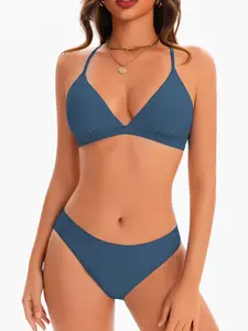 Karrack Women's Bikini Set, Two-Piece Casual Vacation Swimsuit, V-Neck Low Waist, Cross Back, Adjustable Straps, Colorblock Design