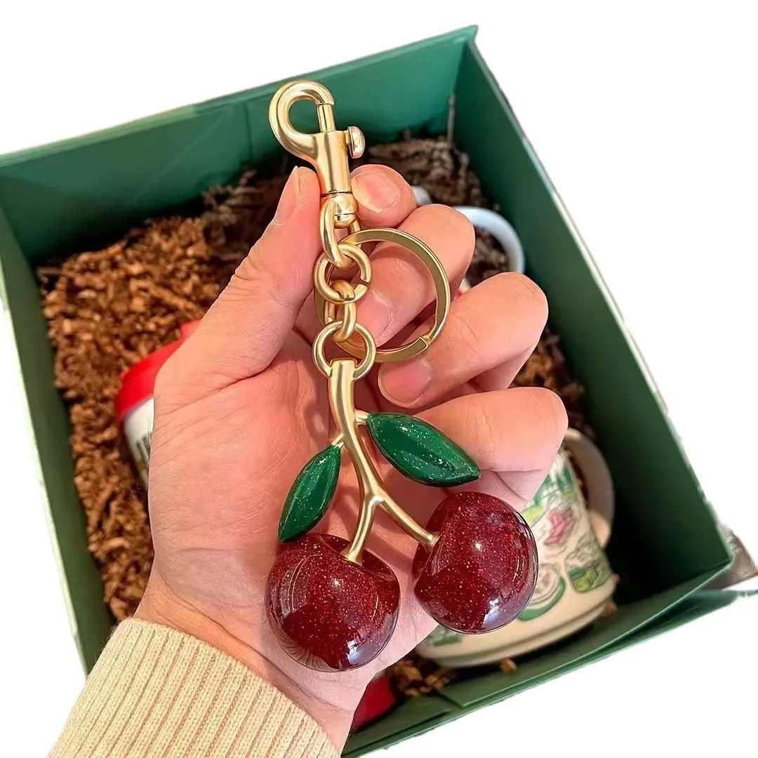 Cute Cherry Keychain for Bag Purse Charm Handbag Decoration Kawaii Fruit Key Ring Accessory Gift for Women Girls