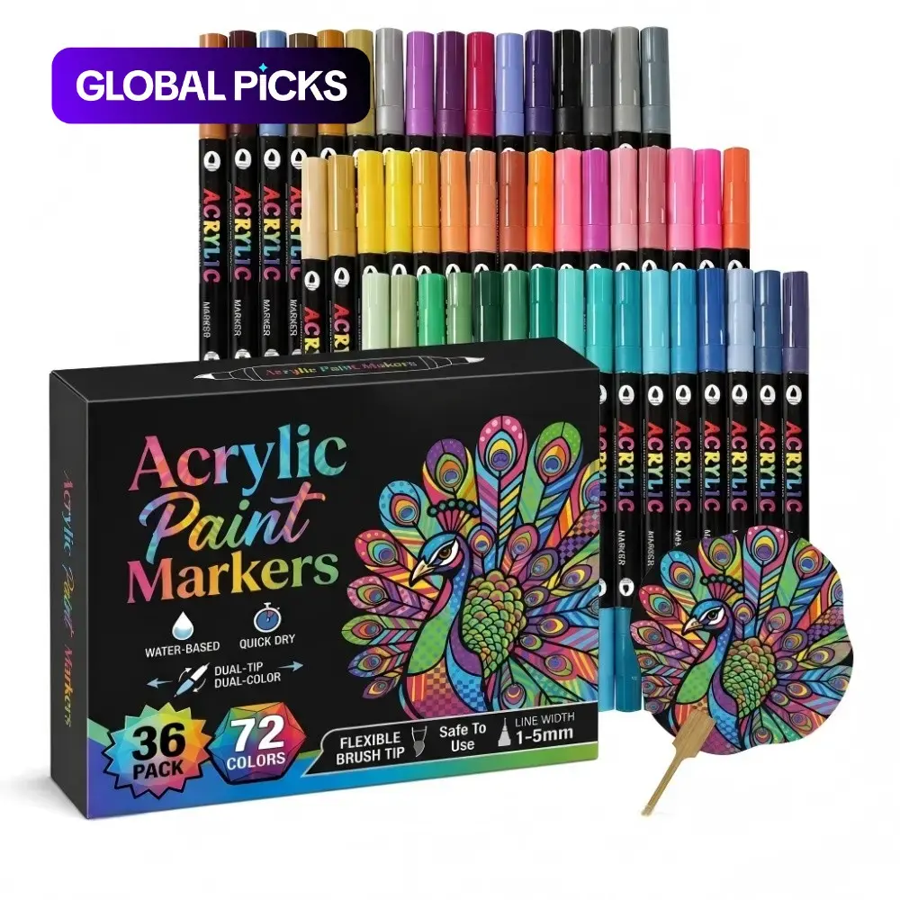 72 Colors Acrylic Paint Marker Set, 36 Pcs Brush Markers, Art Markers Set, Acrylic Painting Pens for Rock Painting, Fabric, Plastic, Wood, Canvas, Glass, Paper, DIY Craft Supplies #GLOBAL PICKS