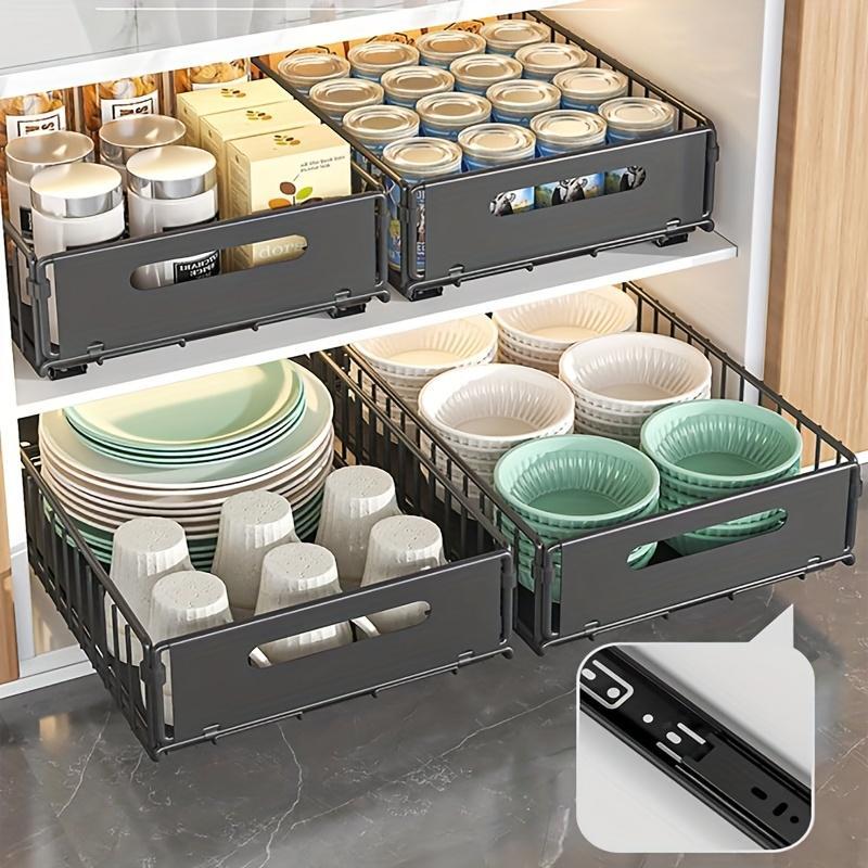 Pull Out Cabinet Storage Box, 2pcs Heavy-duty Sliding Drawer Food Cabinet Rack Fixed with Strong Glue And Handle, Suitable for Kitchen, Living Room, Bathroom, And Home Use