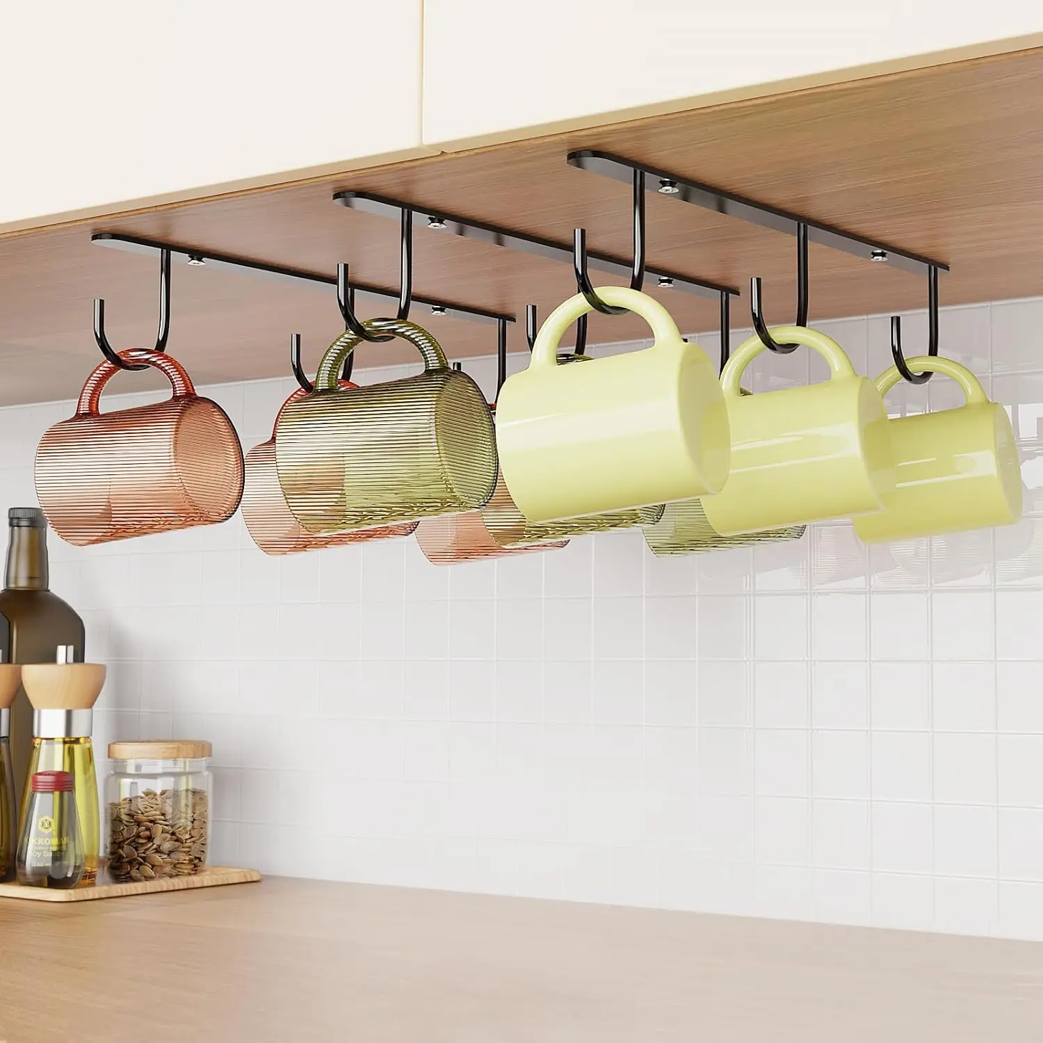 3 Pack Mug Hooks Under Cabinet with 9 Hooks for Displaying Mugs, Black | Coffee Mug Holder for  Under Shelf, Cup Hanger, Coffee Cups and Kitchen Utensils