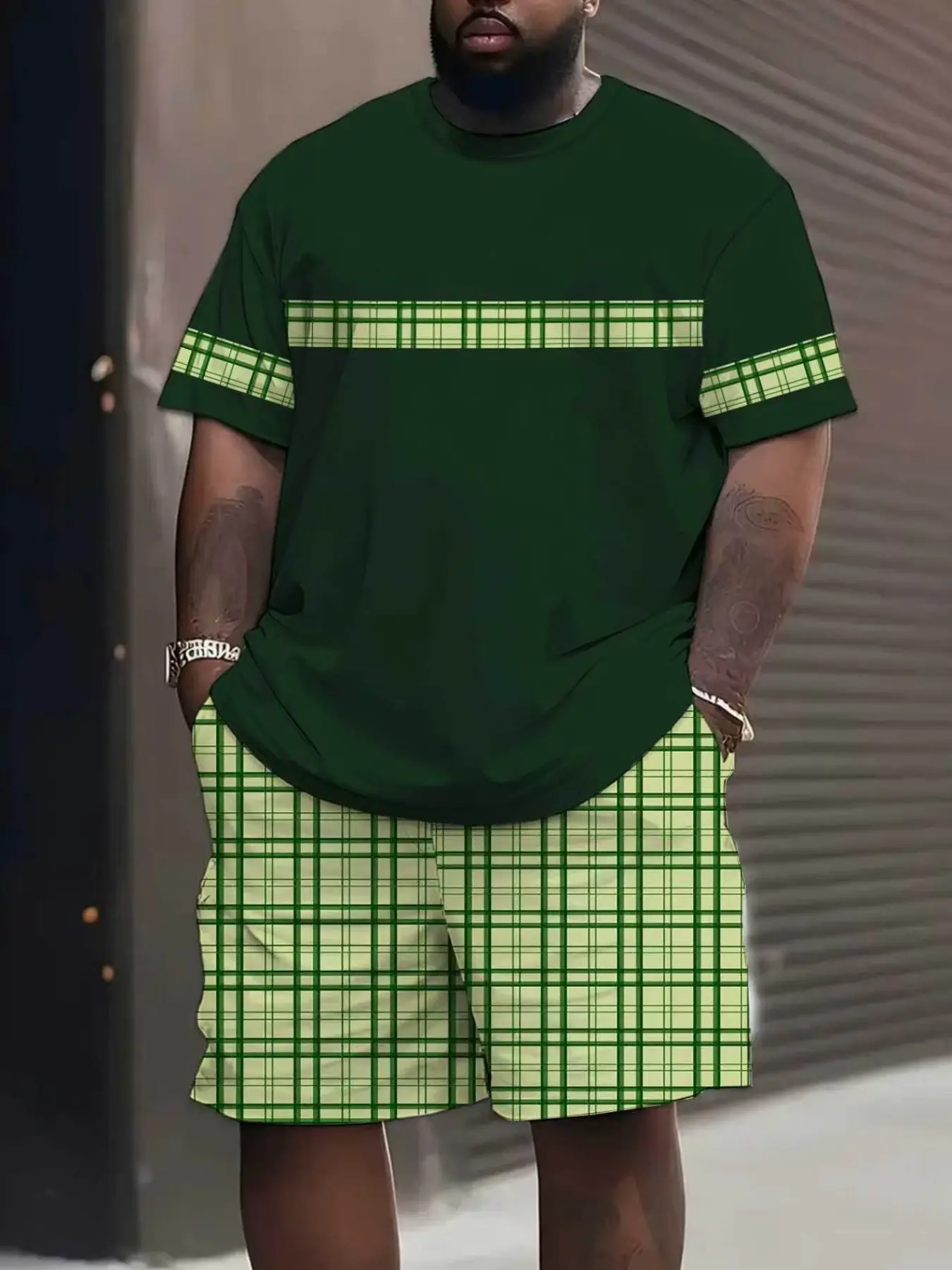 Men's Plus Size Short Sleeve Set, Casual Daily Wear, Low Profile with Inner Meaning, Must-Have Clothing Set, Loose Fit, All over Print