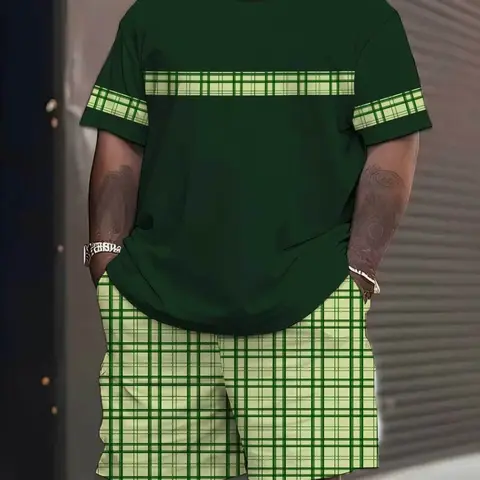 Men's Plus Size Short Sleeve Set, Plaid, Casual Daily Wear, Low Profile with Inner Meaning, Must-Have Clothing Set, Loose Fit, All over Print