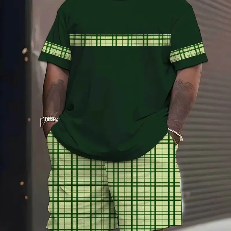 Men's Plus Size Short Sleeve Set, Plaid, Casual Daily Wear, Low Profile with Inner Meaning, Must-Have Clothing Set, Loose Fit, All over Print